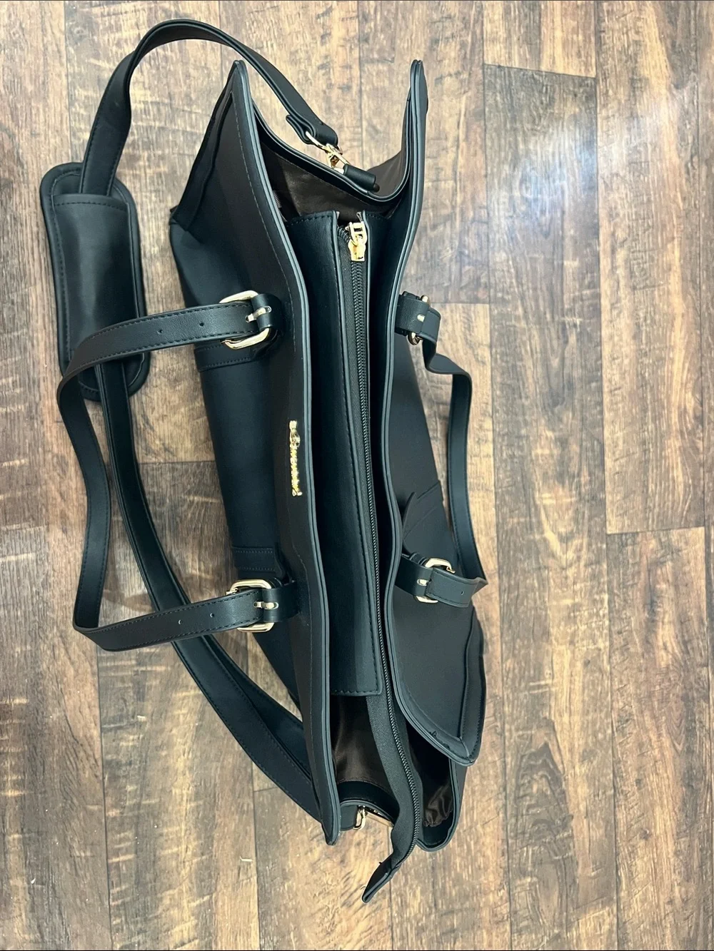 Black Leather Women’s Laptop Bag with Gold Accents